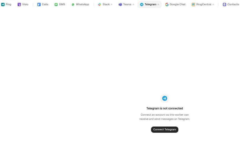 Onglet Telegram du Worker, canal non connecté : Telegram is not connected et bouton Connect Telegram
