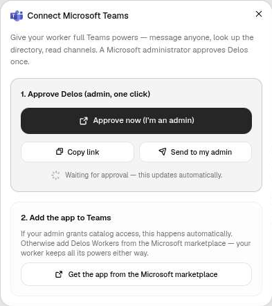 Fenêtre Connect Microsoft Teams : approbation Delos par un administrateur (Approve now, Copy link, Send to my admin), puis ajout à Teams via Get the app from the Microsoft marketplace